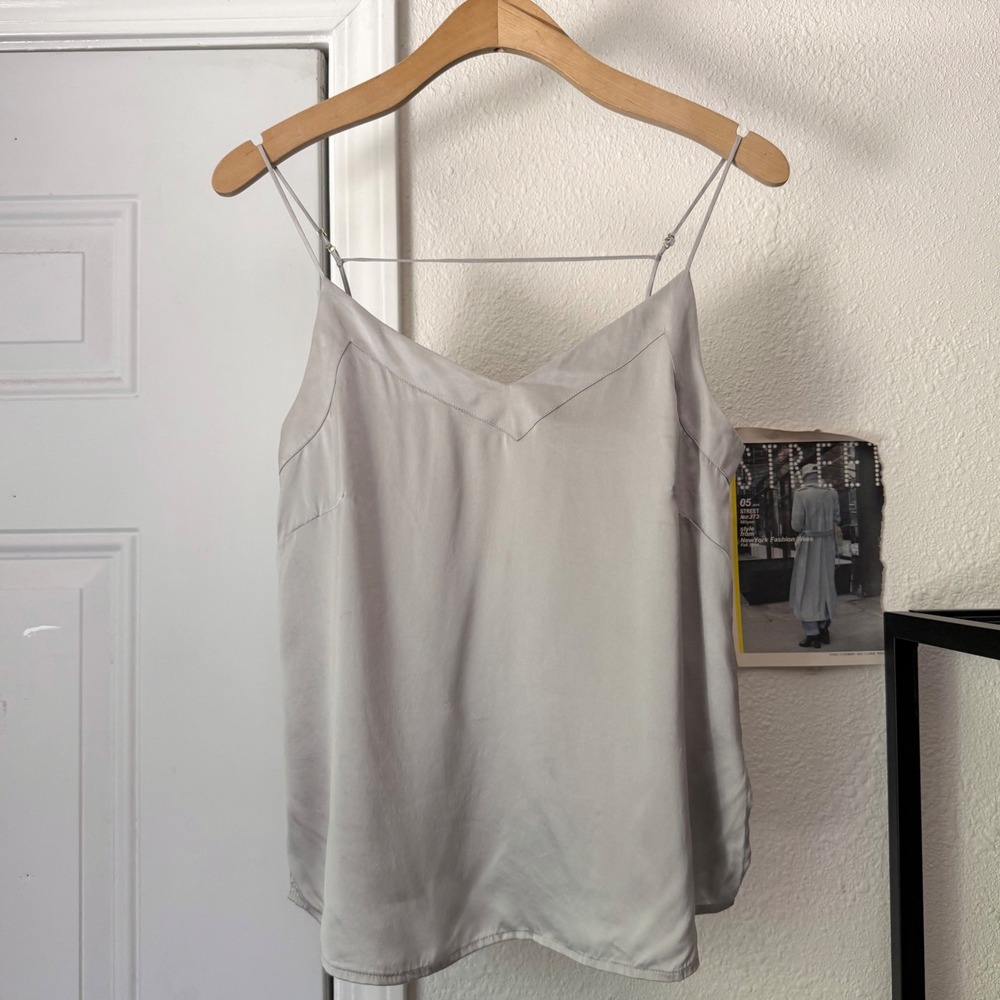 CUYANA silver grey silk v-neck camo cropped tank top